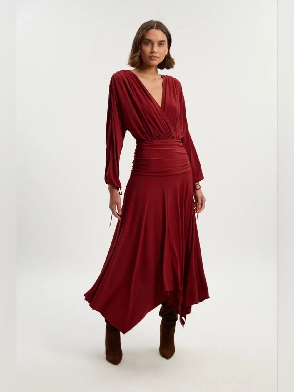 KarenMillen Stretch Drapey Crepe Ruched Plunge Neck Batwing Sleeve Maxi Dress